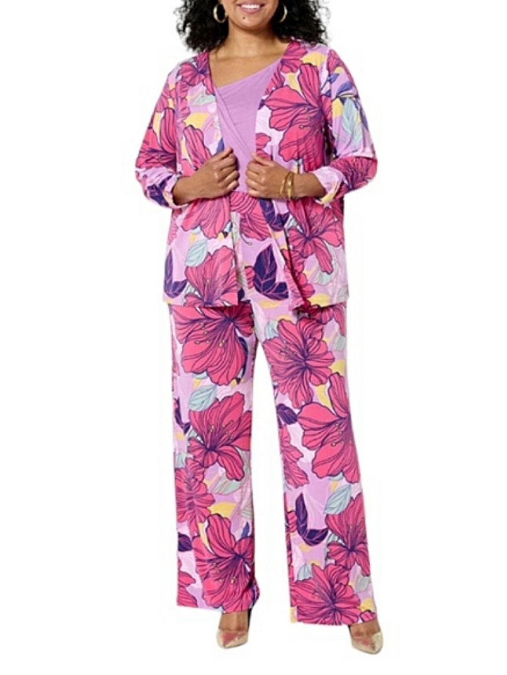 NWT IMAN Global Chic Vibrant Pink Floral Print Open Front Cardigan, size 1X